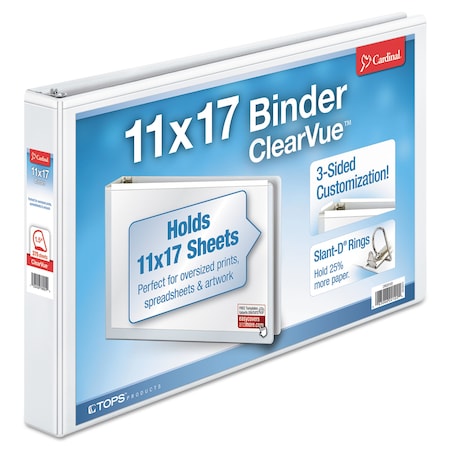 Cardinal ClearVue Slant-D Ring Binder, 3 Rings, 1.5" Capacity, 11 x 17, White 22122V4